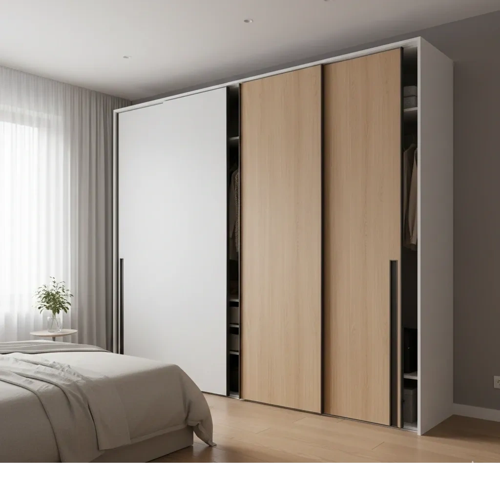 Modern bedroom with minimalist wardrobe featuring sliding doors in wood and white.
