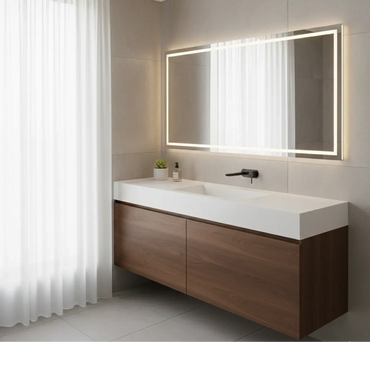 Modern bathroom vanity with illuminated mirror and wooden cabinet.