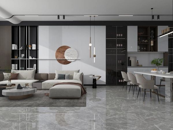 Modern living and dining area with sleek furniture and artistic decor.