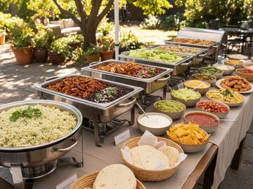 Outdoor buffet with diverse Mexican dishes and toppings under sunny trees.