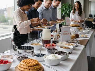 People enjoying a waffle bar with various toppings in a bright room.