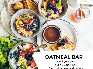Colorful oatmeal bowls with fresh fruits and waffles at Cafe Elk Grove's Oatmeal Bar.