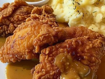 Plate of crispy fried chicken with mashed potatoes and brown gravy.