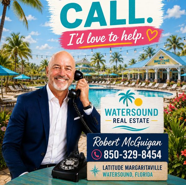 Smiling real estate agent offering help by phone at a tropical resort.