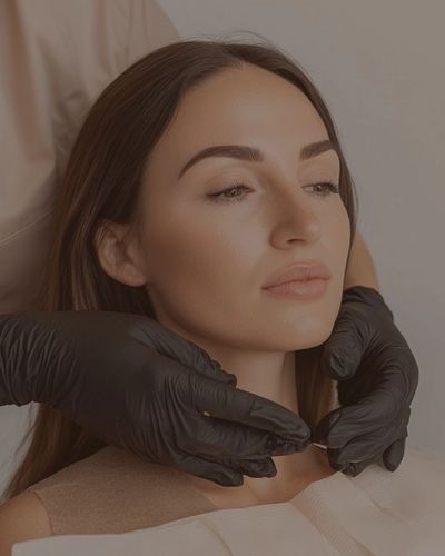 A woman receiving a facial or neck treatment from a professional wearing black gloves.
