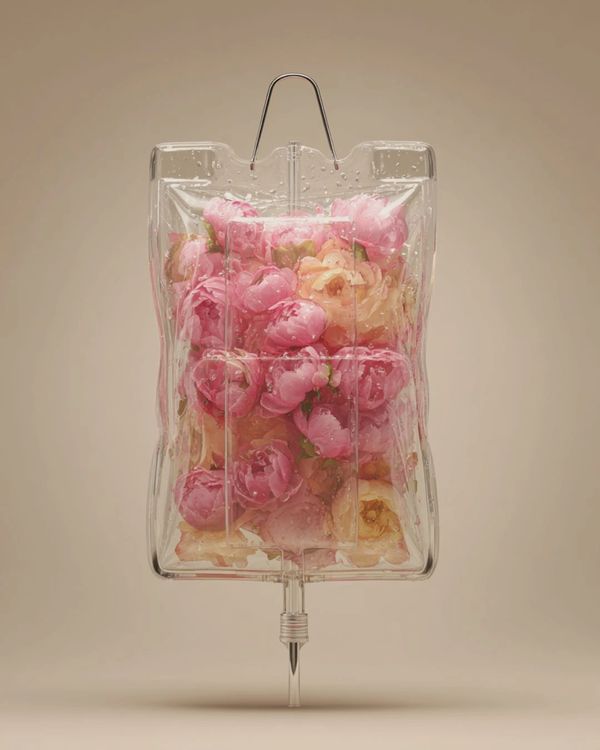 IV bag filled with pink and peach flowers, symbolizing beauty and healing.