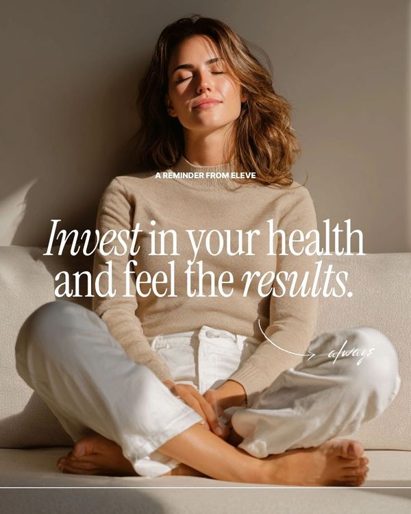 A woman meditates peacefully with a health investment reminder text.
