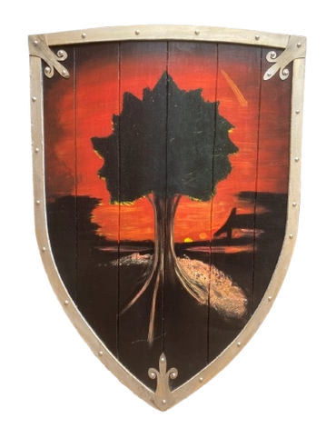 A medieval shield featuring a tree silhouette against a fiery red sunset.