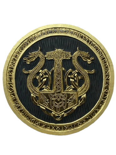 A round emblem featuring a gold Thor's hammer and two dragons on a black background.