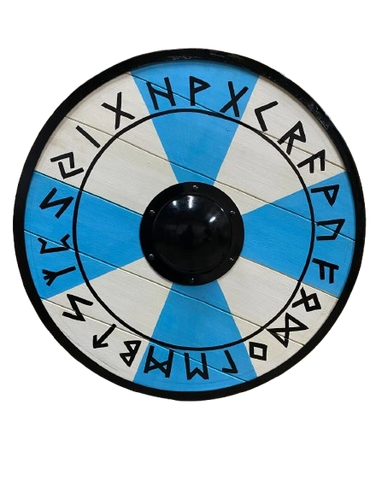 A round shield with blue and white segments and runic inscriptions.