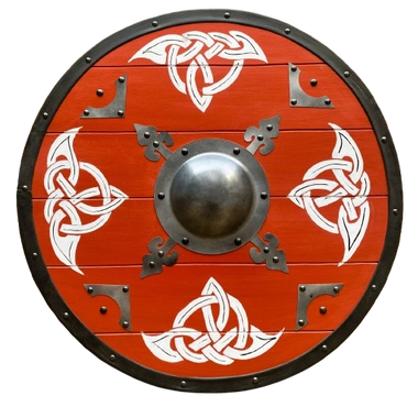 Round wooden shield with red paint and white Celtic knot designs.