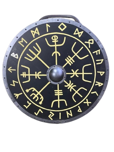 Round shield with yellow Viking runes and symbols on black background.