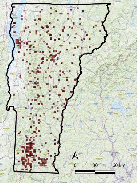 Map of Vermont with red grid squares marking specific locations.