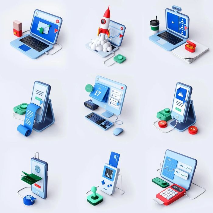 Stylized 3D tech icons showing laptops, phones, and gadgets with digital interfaces and connectivity.
