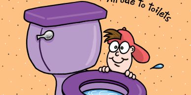 Cartoon cover of a purple toilet with a boy peeking behind it titled 'Flush! An ode to toilets'.