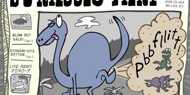 Cartoon dinosaur farting with newspaper style.