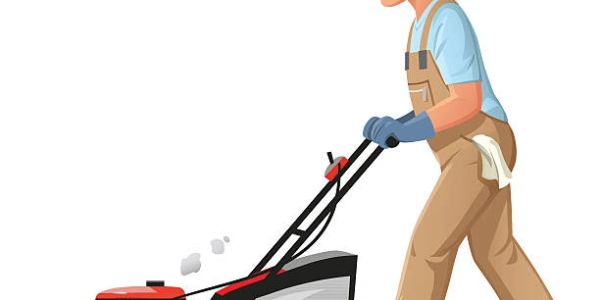 Man mowing the lawn with a red lawnmower.