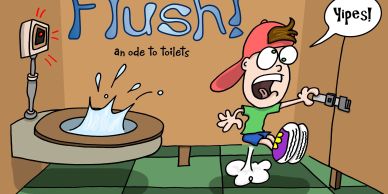 Cartoon boy startled by toilet flushing with loud alarm.