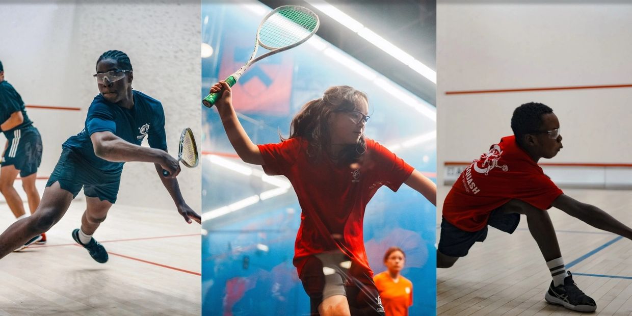 Three young athletes playing squash in action shots.