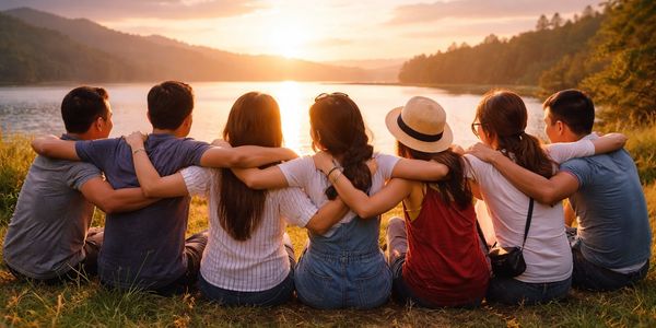 Group of friends sitting together watching a sunset by the lake.