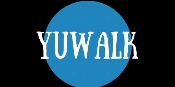 Logo with 'YUWALK' text inside a blue circle on black background.