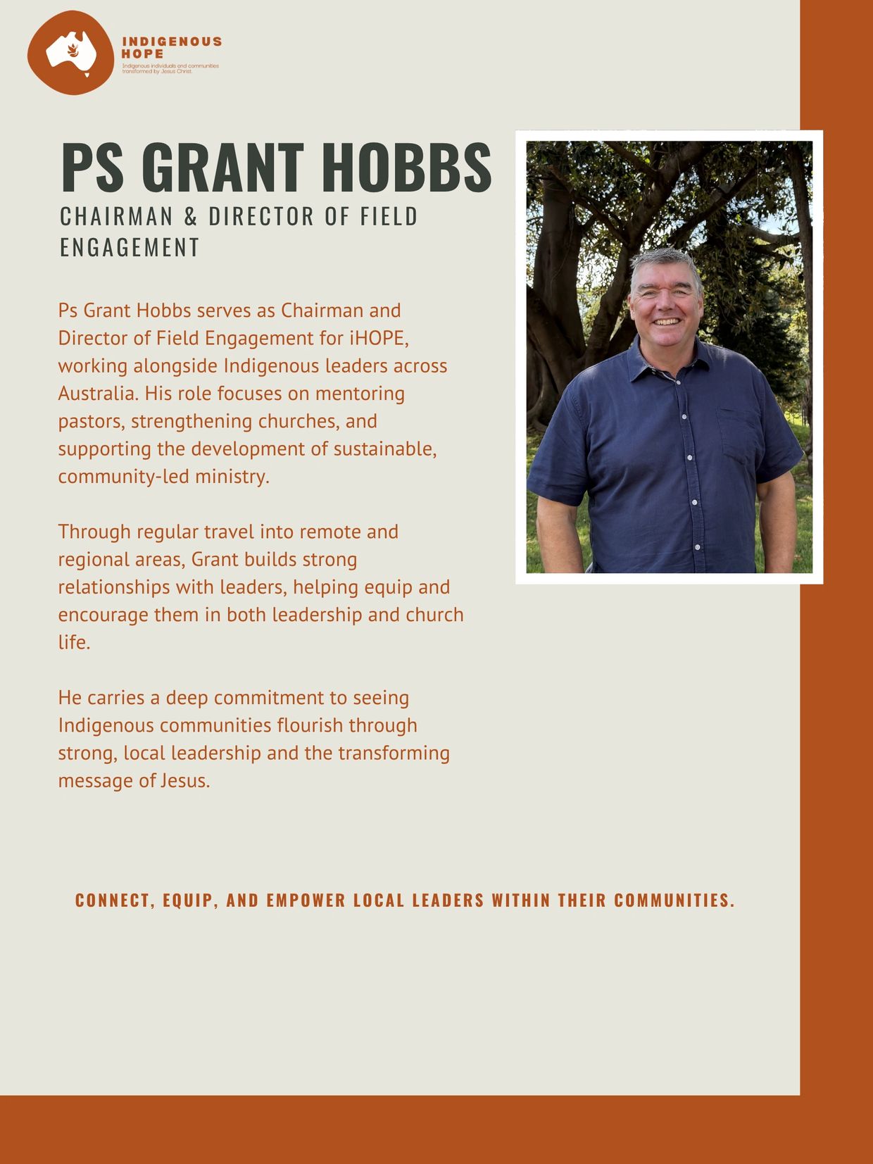 Ps Grant Hobbs, Chairman and Director of Field Engagement for iHOPE, mentoring Indigenous leaders across Australia.