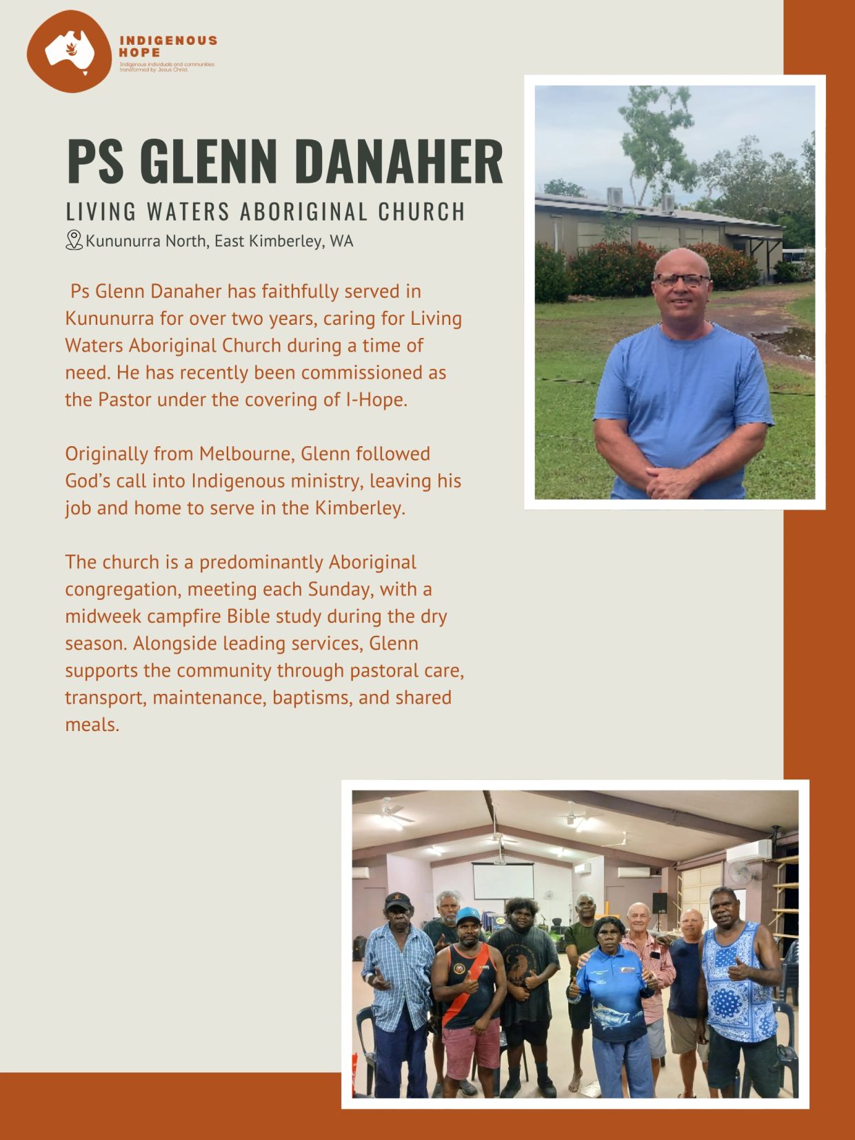 Ps Glenn Danaher serving the Living Waters Aboriginal Church community in Kununurra.