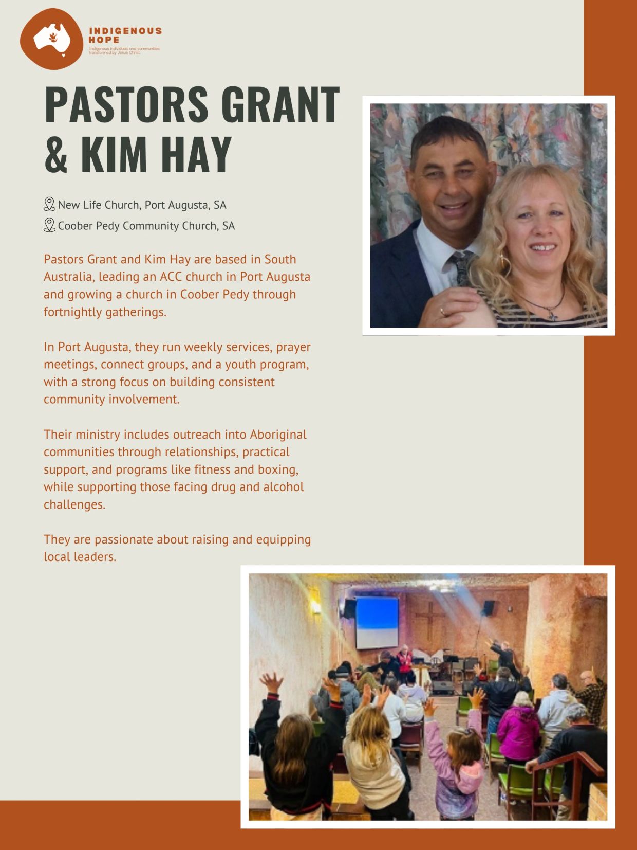 Pastors Grant and Kim Hay lead churches and community programs in South Australia.
