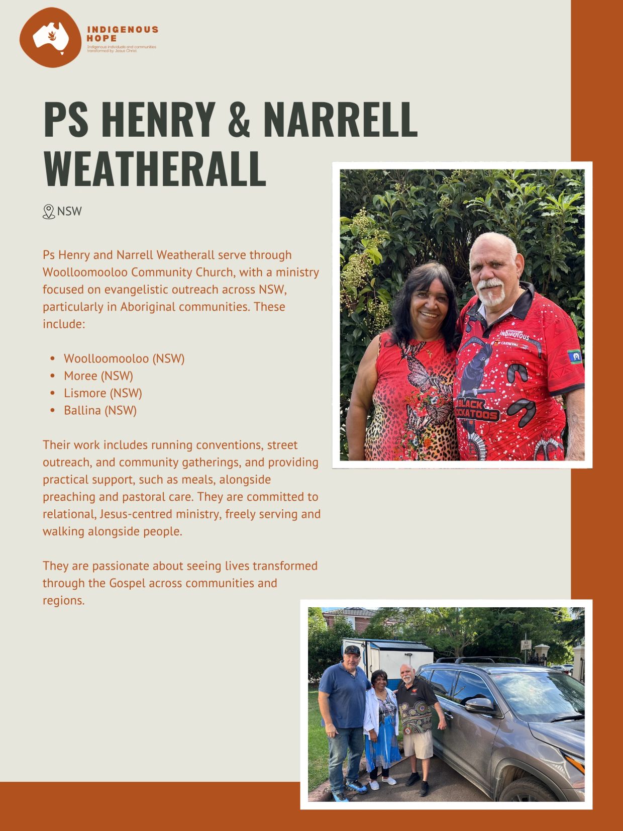 Ps Henry and Narrell Weatherall serve Aboriginal communities in NSW through outreach and ministry.