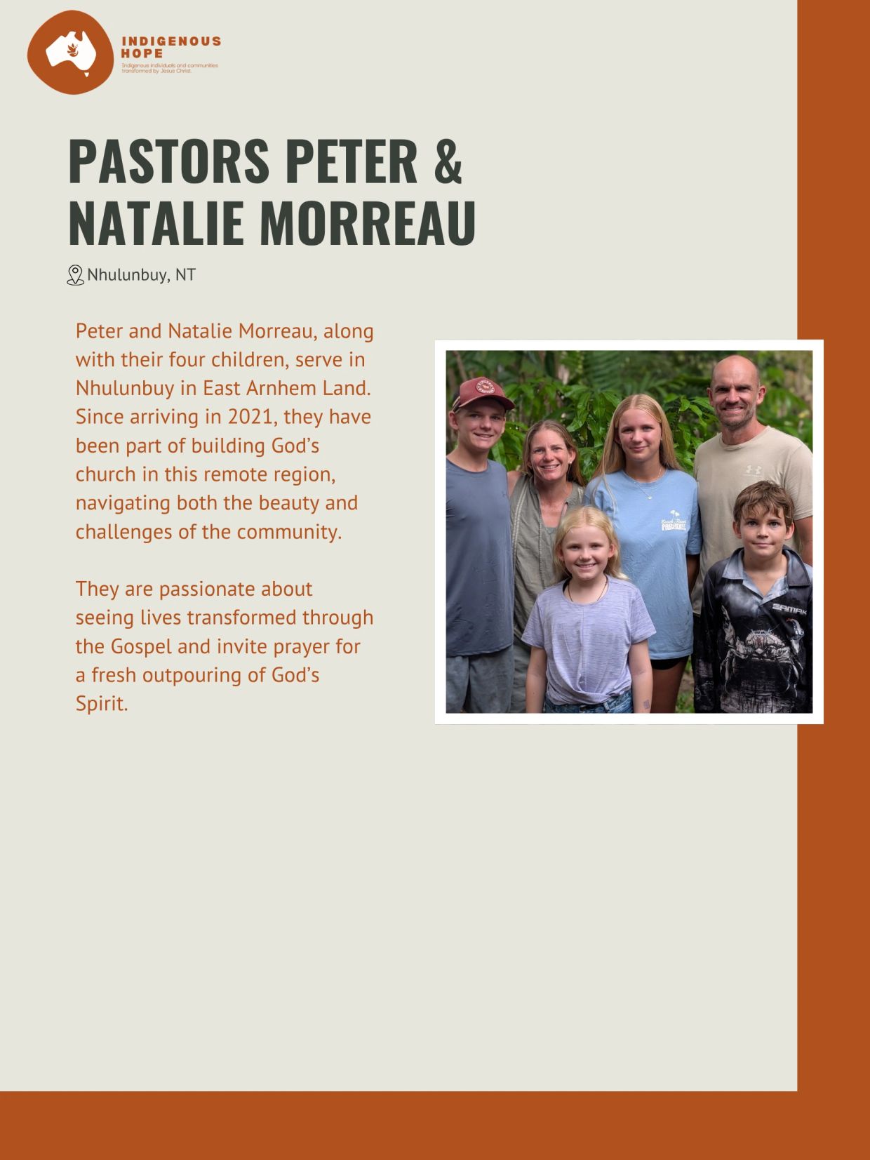 Pastors Peter and Natalie Morreau with their four children serving in Nhulunbuy, East Arnhem Land.