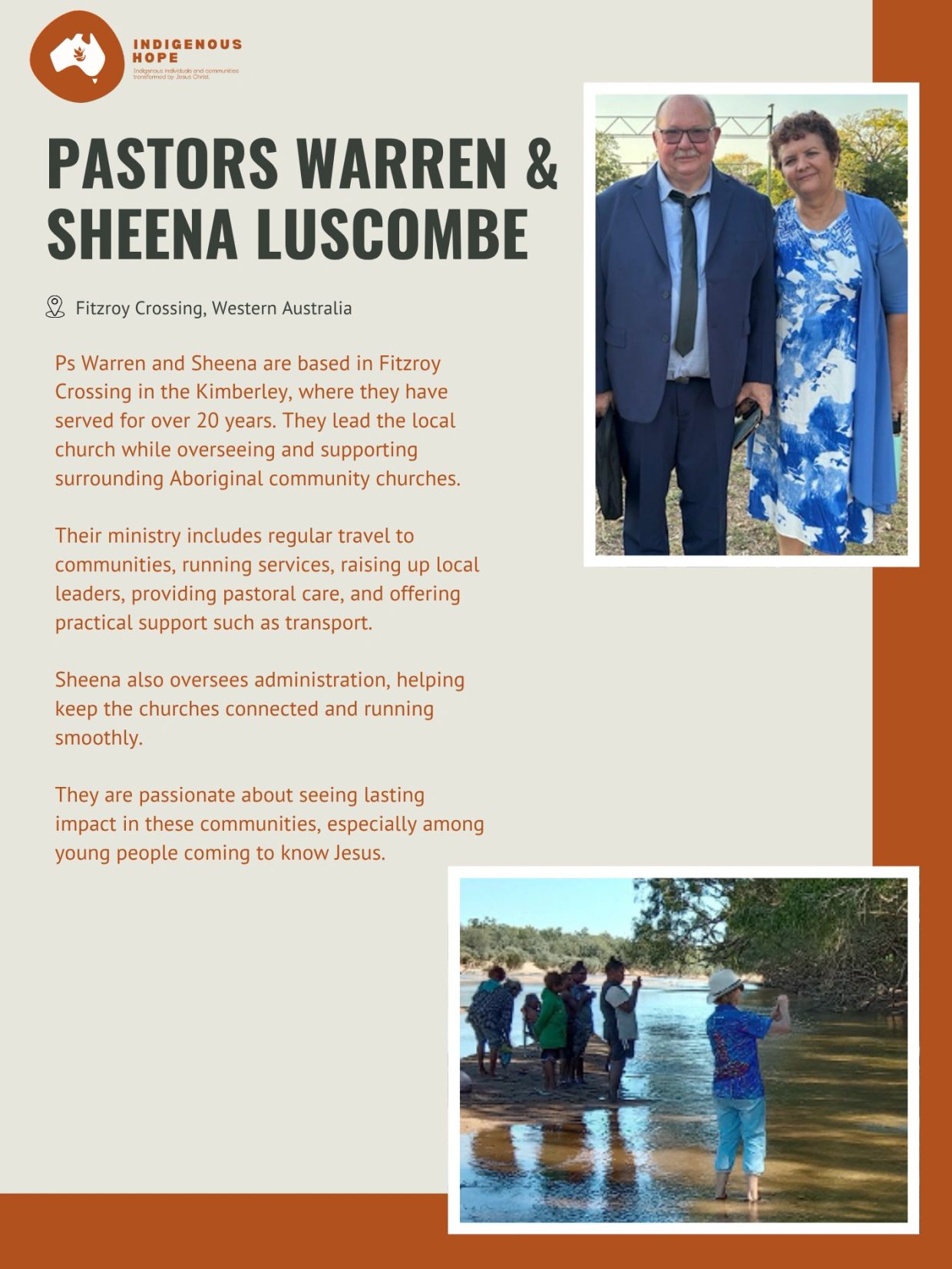 Pastors Warren and Sheena Luscombe serve Aboriginal communities in Fitzroy Crossing, Australia.