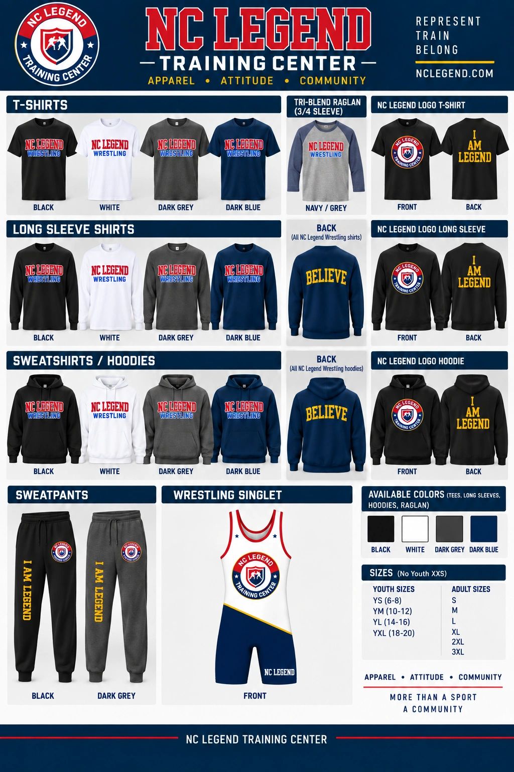 NC Legend Training Center apparel showcasing various clothing items in multiple colors.