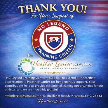 Thank you message from NC Legend Training Center to Heather Lanier for her support.