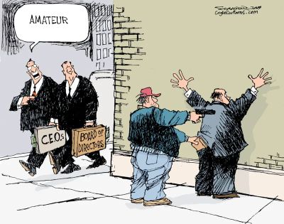 A gangster calls CEOs amateurs while holding up a board member.