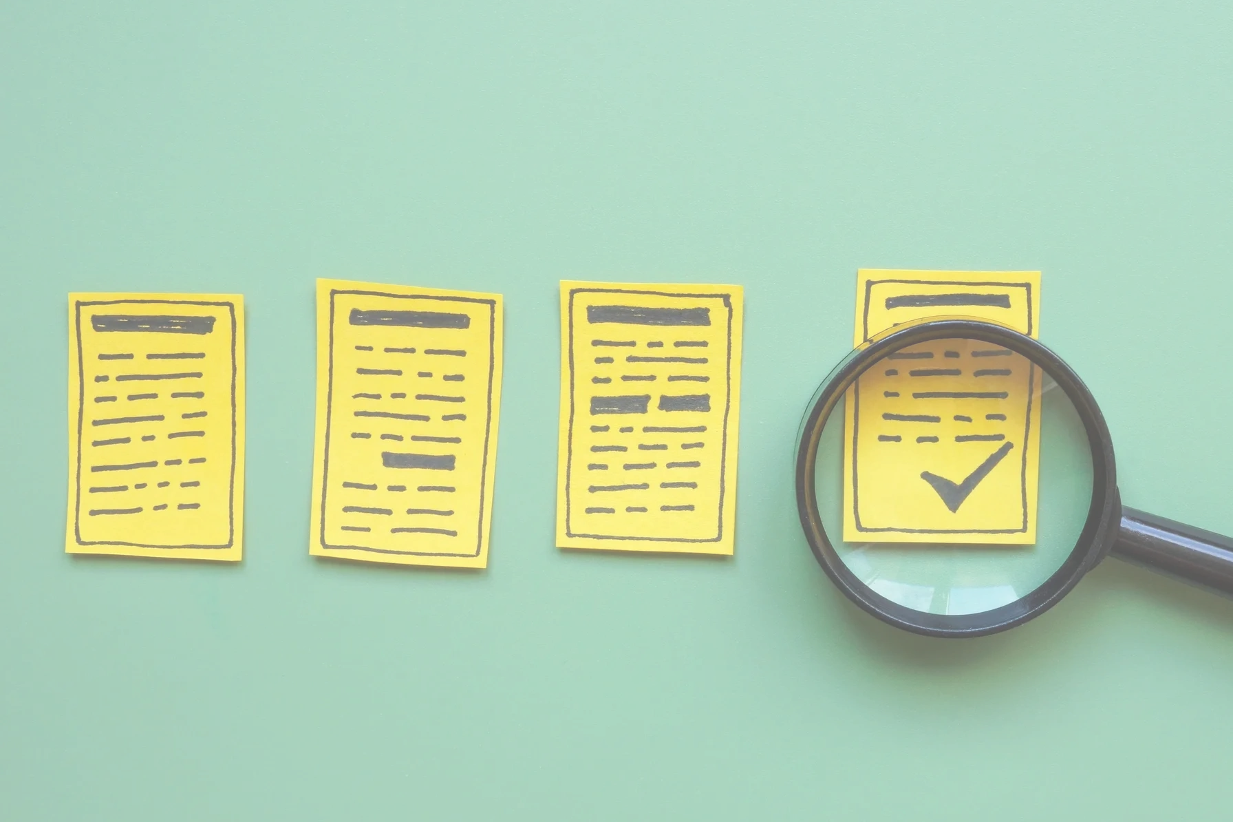 Magnifying glass highlighting a checklist on yellow sticky notes against a green background.