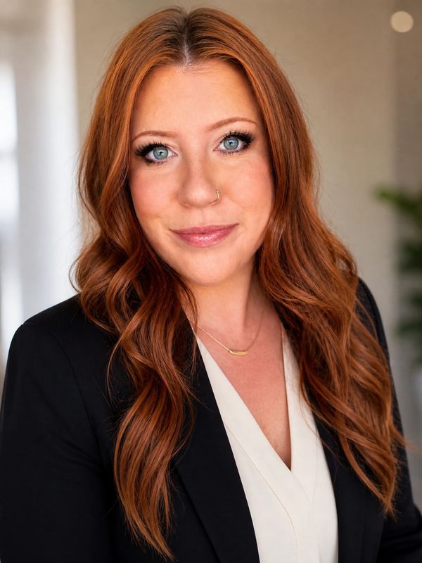 Professional woman with red hair and blue eyes in business attire.