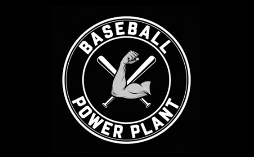 Logo with crossed baseball bats and a muscular arm, labeled 'Baseball Power Plant'.