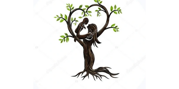Tree shaped like a woman holding a baby with heart-shaped branches.