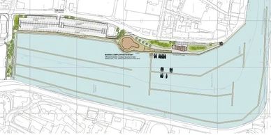 Map of a marina complex with docks, parking, and surrounding infrastructure.