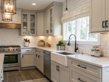 Modern kitchen with white cabinets and farmhouse sink under window.