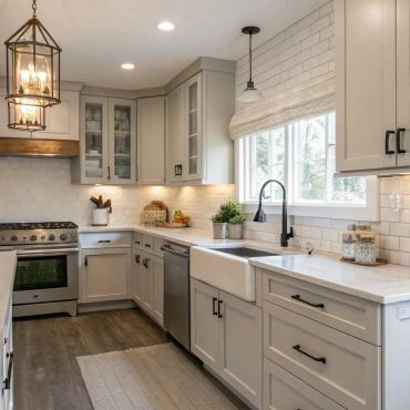 Modern kitchen with white cabinets and farmhouse sink under window.