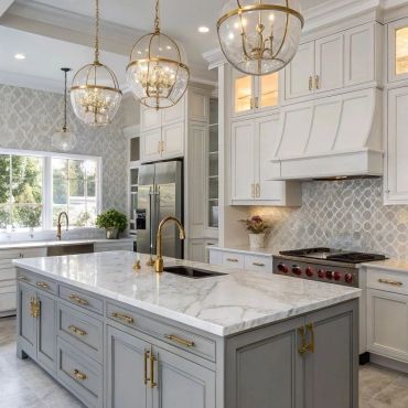 Elegant kitchen with marble island and gold fixtures.