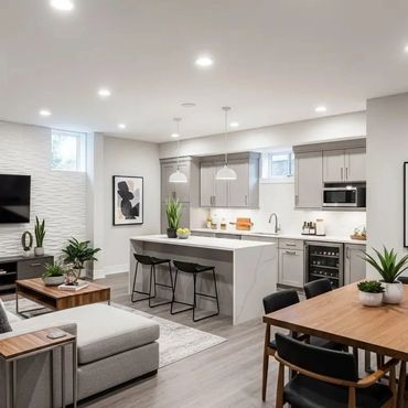 Modern open-plan living room and kitchen with sleek furnishings.