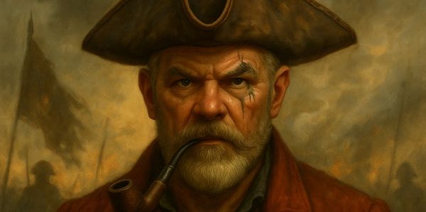 The Captain wearing a tricorn with a pipe.