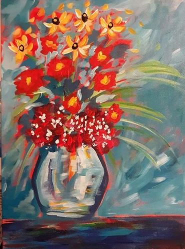 Flowers in vase acrylic painting. Red, orange, and teal.