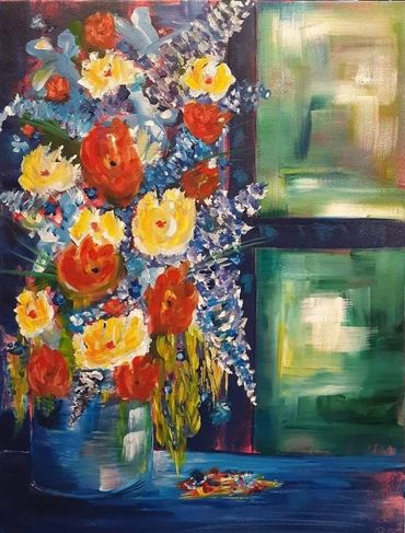 Acrylic flowers in vase by window painting.