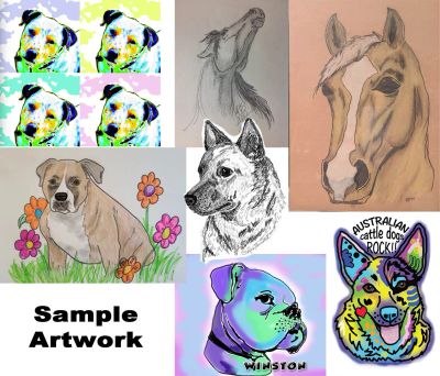 Various artistic dog and horse portraits in different styles and colors.