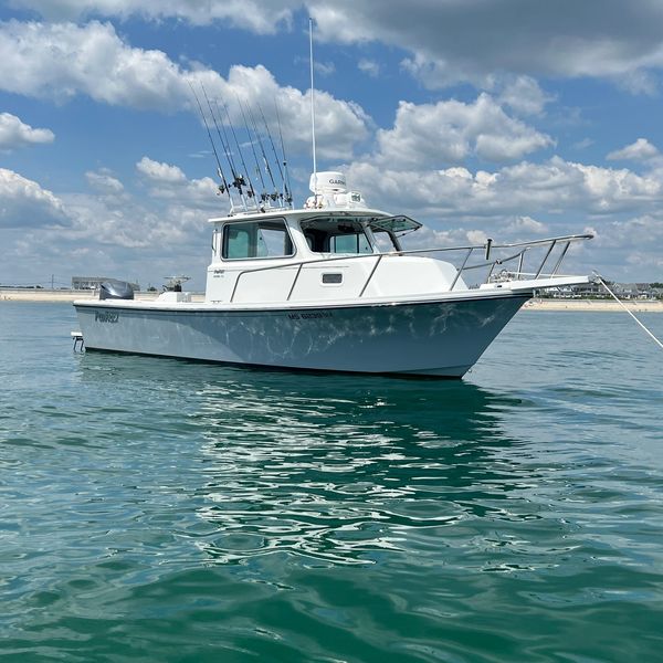 White fishing boat on calm water with cloudy sky.