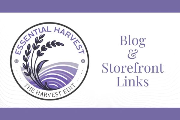 Logo of Essential Harvest with Blog & Storefront Links text.