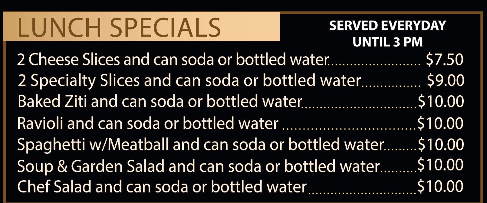 Lunch specials menu with prices and drinks included.